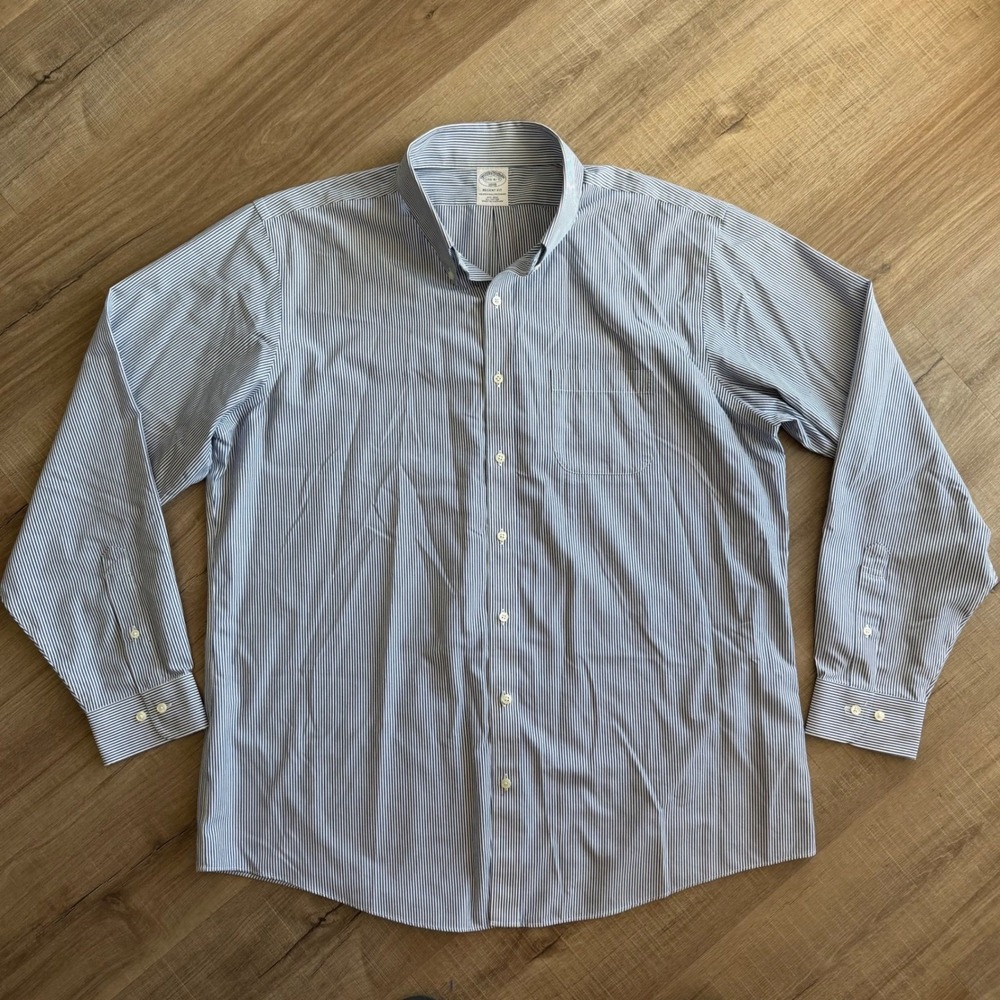 Brooks Brothers 1818 Regent Fit Blue White Pinstripe Non-Iron Shirt 17.5 6/7